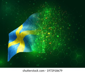 Sweden, vector 3d flag on green background with polygons and data numbers