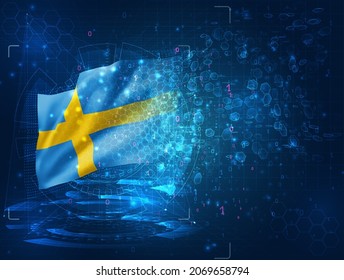 Schweden, Vektorgrafik 3D-Flagge auf blauem Hintergrund mit hud-Schnittstellen