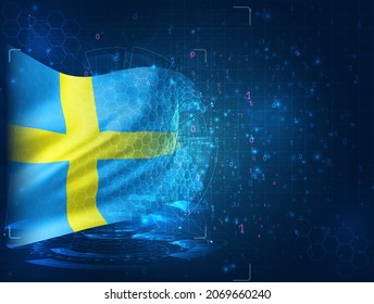 Sweden,  vector 3d flag on blue background with hud interfaces