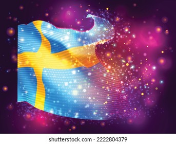 Sweden, vector 3d flag on pink purple background with lighting and flares