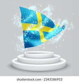 Sweden, vector 3d flag on the podium surrounded by a whirlwind of magical radiance