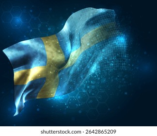 Sweden, vector 3d flag virtual triangular polygons on a blue background