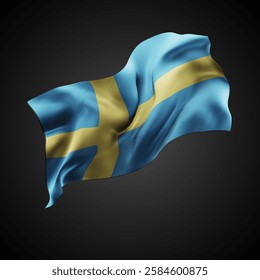 Sweden, vector 3d flag with waves on a black background