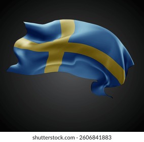 Sweden, vector 3d flag with waves on a black background