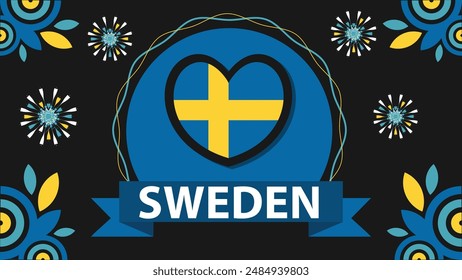 Sweden vector banner design illustration with flag colors, geometric shapes and typography. fireworks and ribbon elements.