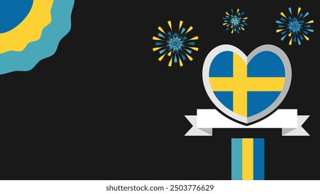 Schweden Vektorbanner Design Illustration mit Flaggenfarben, geometrischen Formen und Typografie. Feuerwerk und Bandelemente.