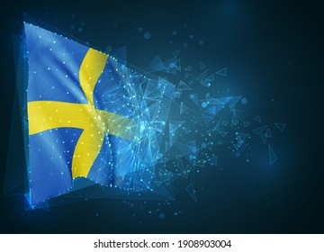 Suecia, bandera vectorial, objeto 3D virtual abstracto de polígonos triangulares sobre fondo azul