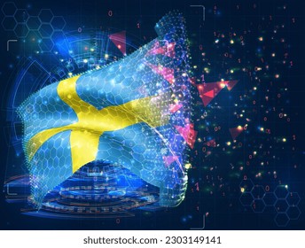 Sweden,  vector flag, virtual abstract 3D object from triangular polygons on a blue background