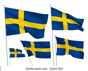 Sweden vector flags set. 5 wavy 3D cloth pennants fluttering on the wind. EPS 8 created using gradient meshes isolated on white background. Five fabric flagstaff design elements from world collection