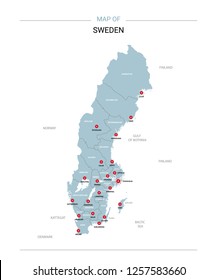 Sweden vector map. Editable template with regions, cities, red pins and blue surface on white background. 