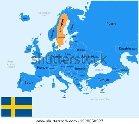 Sweden vector map, Europe. Editable Vector map silhouette illustration isolated on Europe, highlighted at Sweden, with flag, country name, border, and capital city.