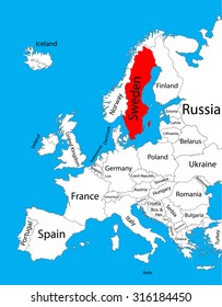 Sweden vector map, Europe, vector map silhouette illustration isolated on Europe map. Editable blank vector map of Europe. 