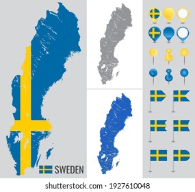 Sweden vector map with flag, globe and icons on white background