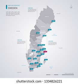 Sweden vector map with infographic elements, pointer marks. Editable template with regions, cities and capital Stockholm. 