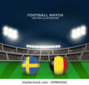 Sweden vs Belgium soccer ball in flag design on stadium background with scoreboard for Europe football qualify. Concept design for match template or banner in vector illustration