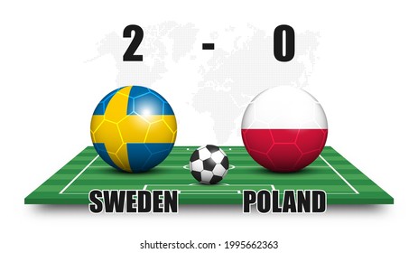 Sweden vs Poland . Soccer ball with national flag pattern on perspective football field . Dotted world map background . Football match result and scoreboard . Sport cup tournament . 3D vector design .