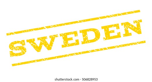 Sweden watermark stamp. Text caption between parallel lines with grunge design style. Rubber seal stamp with scratched texture. Vector yellow color ink imprint on a white background.