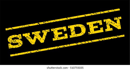 Sweden watermark stamp. Text caption between parallel lines with grunge design style. Rubber seal stamp with unclean texture. Vector yellow color ink imprint on a blue background.