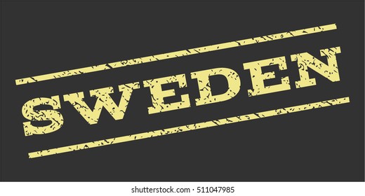 Sweden watermark stamp. Text caption between parallel lines with grunge design style. Rubber seal stamp with dirty texture. Vector khaki yellow color ink imprint on a gray background.