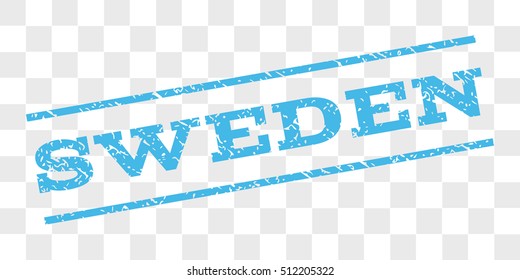 Sweden watermark stamp. Text caption between parallel lines with grunge design style. Rubber seal stamp with dirty texture. Vector light blue color ink imprint on a chess transparent background.
