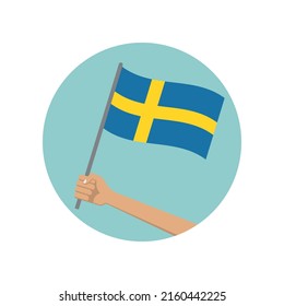 Sweden waving flag circle icon. Hand holding Swedish flag. National symbol. Vector illustration. 