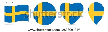 Sweden waving flag, round circle sticker badge, heart shaped icon, map pin. Swedish flag buttons of different shapes. Vector illustration isolated on white.
