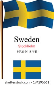 sweden wavy flag and coordinates against white background, vector art illustration, image contains transparency