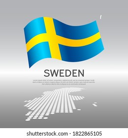 Sweden wavy flag and mosaic map on light background. Creative background for sweden national poster. Vector design. Business booklet. State swedish patriotic banner, flyer