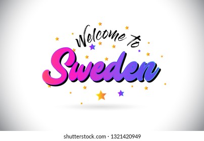 Sweden Welcome To Word Text with Purple Pink Handwritten Font and Yellow Stars Shape Design Vector Illusration.