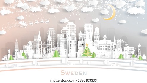 Sweden. Winter city skyline in paper cut style with snowflakes, moon and neon garland. Christmas, new year concept. Santa claus on sleigh. Cityscape with landmarks. Stockholm. Malmo. Gothenburg.