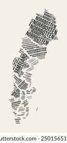 Sweden Word Cloud. Country with regions division. Sweden typographic text clouds vector image design. Vintage gazette style country shape image. Creative vector illustration.