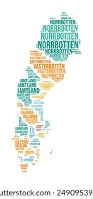 Sweden Word Cloud. Country shape with region division. Sweden typography style image. Region names tag clouds. Vector illustration.