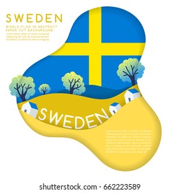Sweden : World Flag in paper cut shapes with trees and mountains in the layers : Vector Illustration