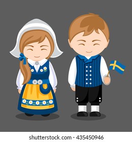 Swedes in national dress with a flag. A man and a woman in traditional costume. Travel to Sweden. People. Vector illustration.