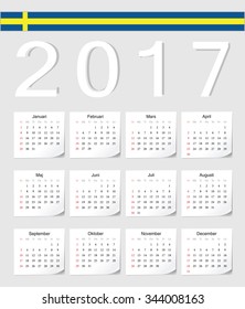 Swedish 2017 vector calendar with shadow angles. Week starts from Sunday.