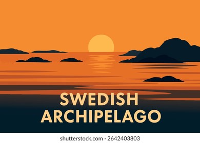 The Swedish Archipelago comes alive at sunset, with the calm waters reflecting the warm hues of the sky. 