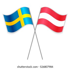 Swedish and Austrian crossed flags. Sweden combined with Austria isolated on white. Language learning, international business or travel concept.