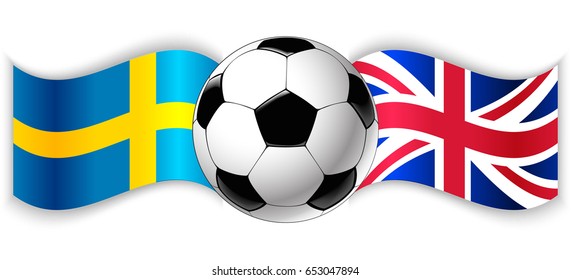 Swedish and British wavy flags with football ball. Sweden combined with United Kingdom isolated on white. Football match or international sport competition concept.