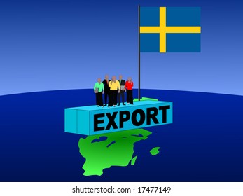Swedish business team on export container with flag illustration