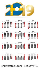 Swedish calendar 2019 with numbers in circles, week starts on Sunday. 2019 with flag of Sweden