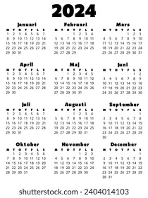 SWEDISH calendar for 2024. Printable, editable vector illustration for Sweden. 12 months year kalender. In black color