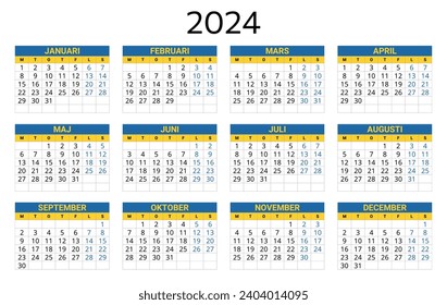 SWEDISH calendar for2024. Printable, editable vector illustration for Sweden. 12 months year kalender. Landscape