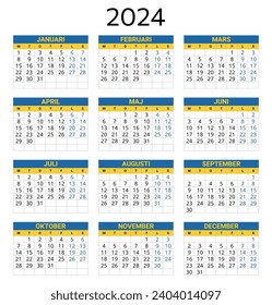 SWEDISH calendar for2024. Printable, editable vector illustration for Sweden. 12 months year kalender. Vertical