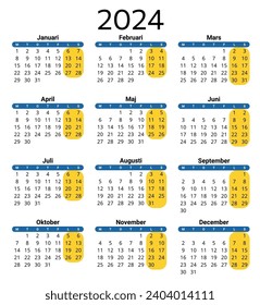 SWEDISH calendar for2024. Printable, editable vector illustration for Sweden. 12 months year kalender. Vertical