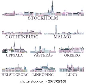 Swedish cities skylines illustrations in rich pastel bright colorful palette. Magic aesthetics style