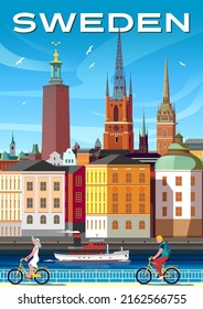 Swedish cityscape with historic buildings, churches, town hall and ship on a water. Handmade drawing vector illustration. Retro style poster.