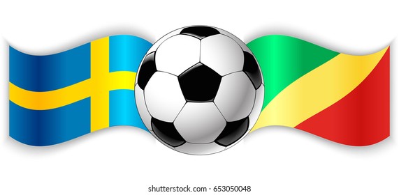 Swedish and Congolese wavy flags with football ball. Sweden combined with Republic of the Congo isolated on white. Football match or international sport competition concept.
