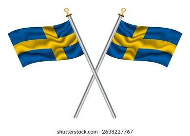 Swedish crossed flags on isolated background, vector illustration. Two crossed national flags of Sweden.