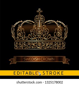 Swedish Crown Scandinavian Nordic Jewels. Gold icon on black background. Golden ribbon or banner include. Easy changing vector with editable strokes.