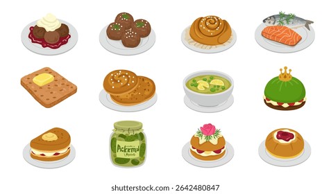 Swedish Cuisine Set with Isometric Food, and White BG.
